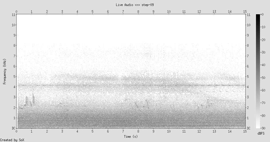 Spectrogram: constant 4.2kHz tone, broadband lower frequencies, transient events