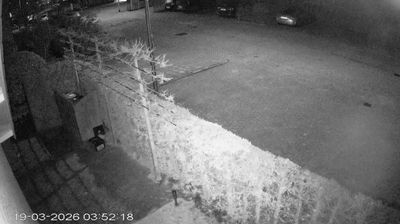Infrared security camera view of a private garden at 3:52 AM — bare trees, garden chairs, parked car, no people