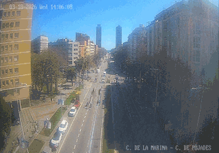 Wide Barcelona avenue with twin towers in haze