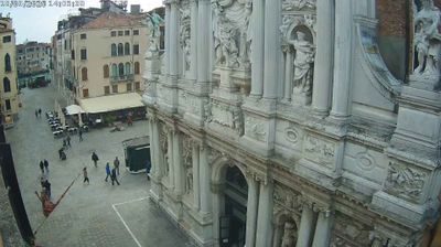 Small Venetian campo with scattered pedestrians in front of baroque church façade