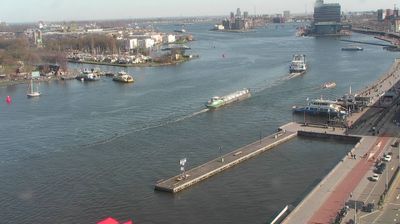 Amsterdam's IJ harbor channel with a barge and flat horizon