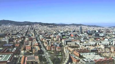 Aerial panorama of Barcelona showing the entire Eixample grid, Diagonal, and sea