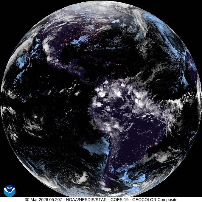 GOES-19 full disk GEOCOLOR composite of Earth, nighttime over Americas with city lights visible, cloud systems across Atlantic and Pacific