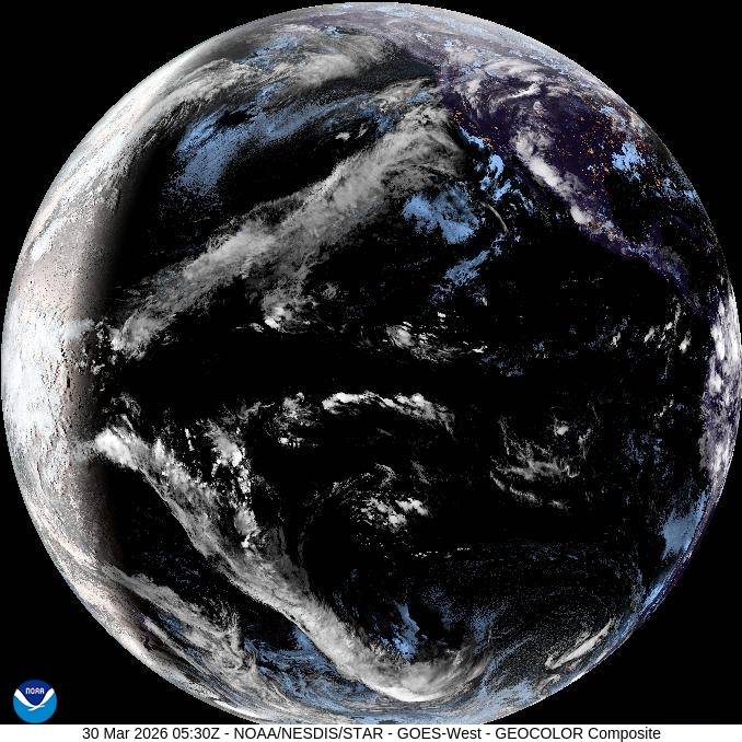 GOES-18 full disk GEOCOLOR composite of Earth, Pacific-centered view, night side with city lights, tropical cloud systems, day-night terminator