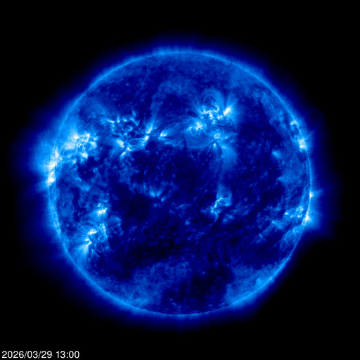 SOHO EIT 171 Angstrom image of the sun's corona in extreme ultraviolet, false-color blue, bright coronal loops and active regions