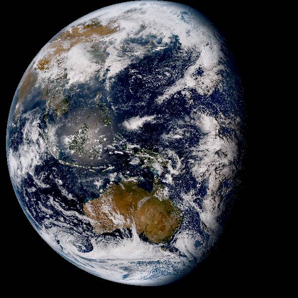 Himawari-8 full disk image of Earth, Western Pacific view, Australia rusty-orange at bottom, Southeast Asia green, massive tropical cloud systems