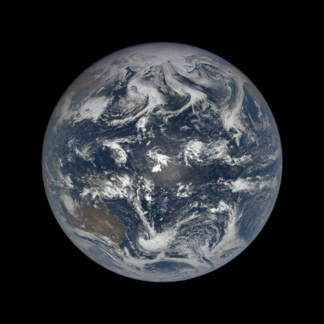 DSCOVR EPIC full Earth image from the L1 Lagrange point, Pacific Ocean centered, cloud systems spiraling, Australia at bottom left, fully sunlit hemisphere