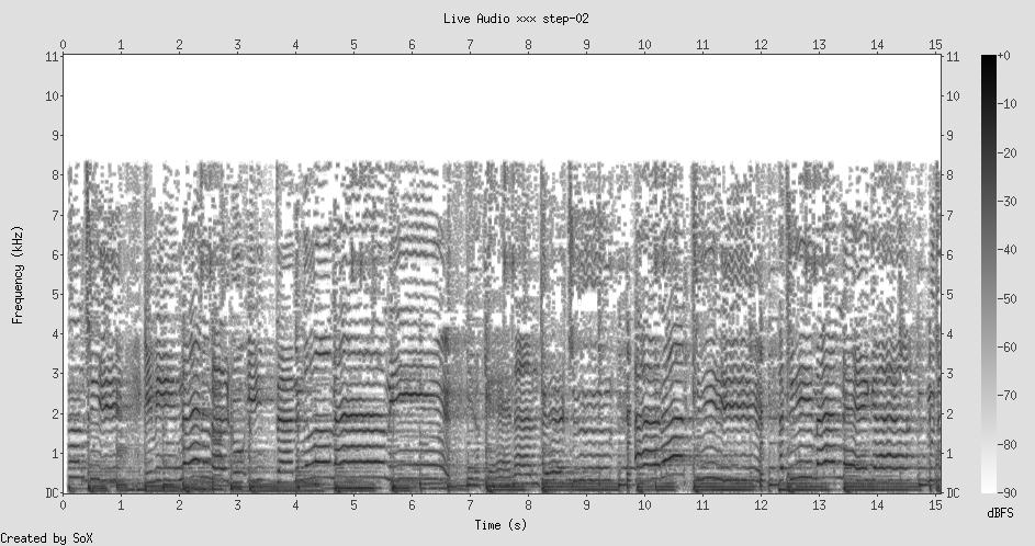 Spectrogram: pop music, rhythmic pulses, vocal formants