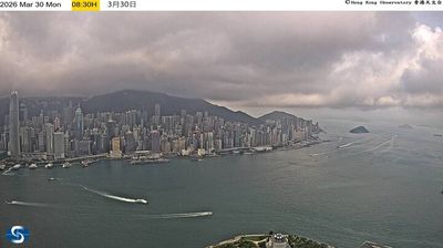 Hong Kong skyline panorama from above, Victoria Harbour, boat wake, dramatic clouds
