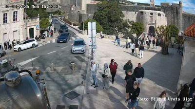 Dubrovnik Pile Gate entrance, pedestrians at close range entering the old town walls