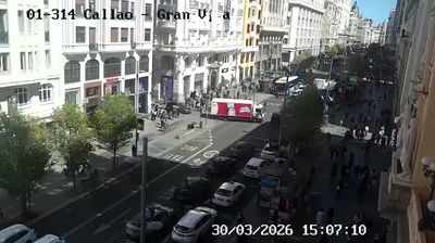 Madrid Callao intersection, crowds of pedestrians at Gran Via, wide view of busy commercial street