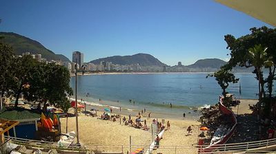 Copacabana beach — people on sand, some in water, mountains rising behind the city, tropical framing with palm leaves