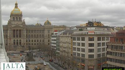 Wenceslas Square, Prague — National Museum at the top, grand boulevard, overcast light, the Jalta hotel camera perspective