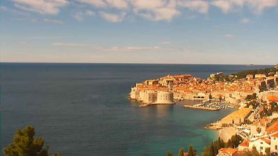 Dubrovnik Old Town panorama — walled city on a peninsula, terracotta roofs, fortress walls, Adriatic Sea beyond