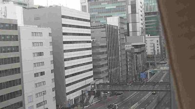 Shibuya expressway view — gray overcast morning, elevated highway cutting between office buildings