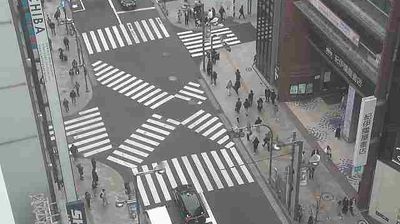 Shinjuku scramble crossing seen from above — geometric zebra patterns, pedestrians scattered mid-crossing